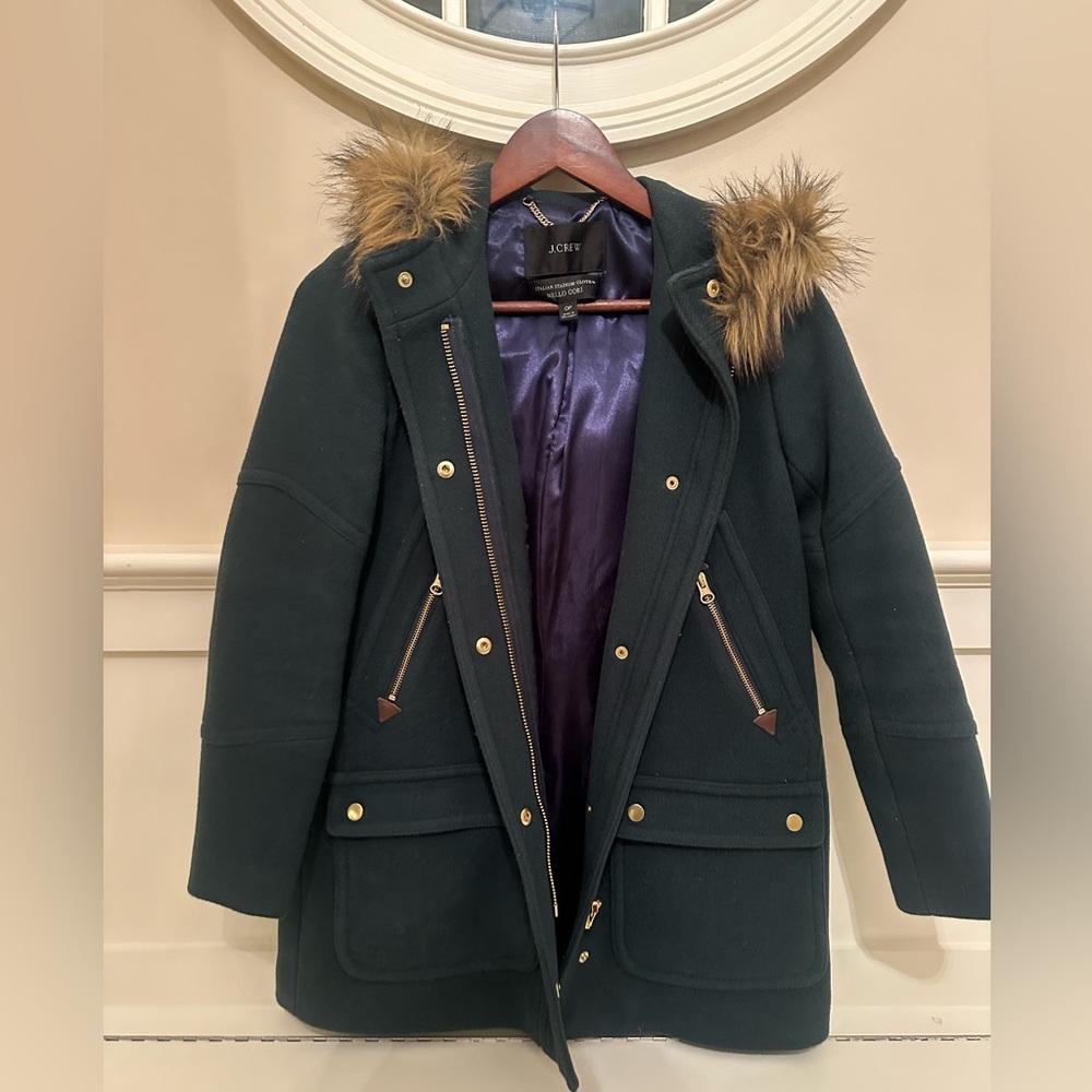 Italian wool stadium coat with removable fur on hood